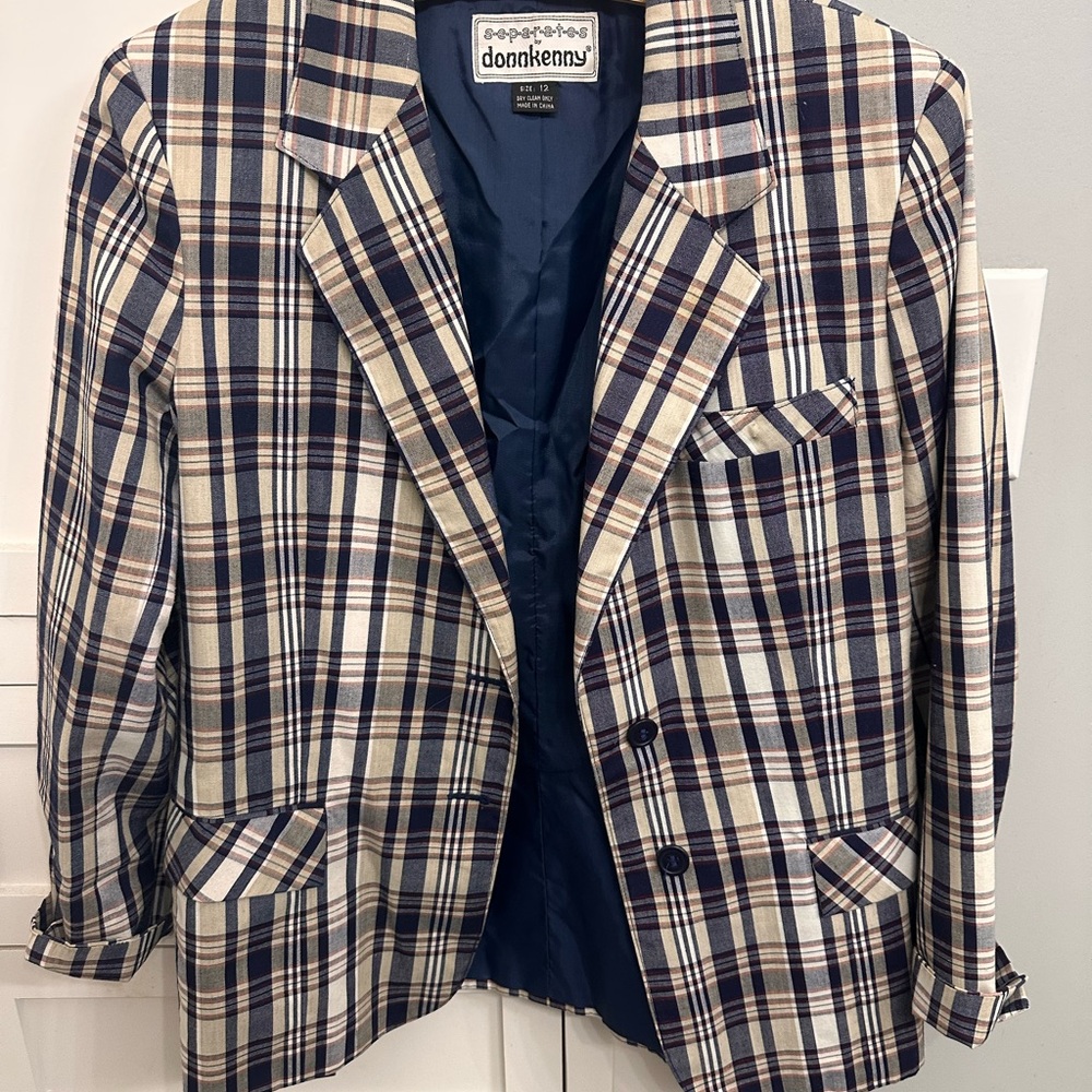 DonnKenny Plaid Blazer academia workwear summer 12 navy tan red white Y2K